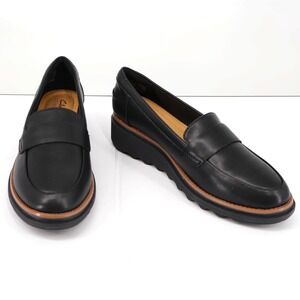 Clarks Sharon Gracie Black Leather Wedge Penny Loafers Womens 6 M